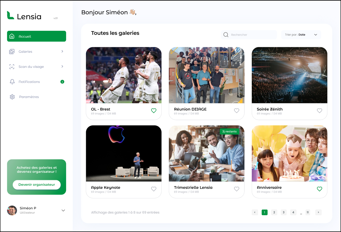 Interface de la plateforme Lensia pour la gestion de galeries d'événements